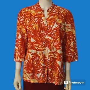 Vtg I.B. Diffusion Orange Tropical Leaf Button Down Half Sleeve Tiki Shirt
